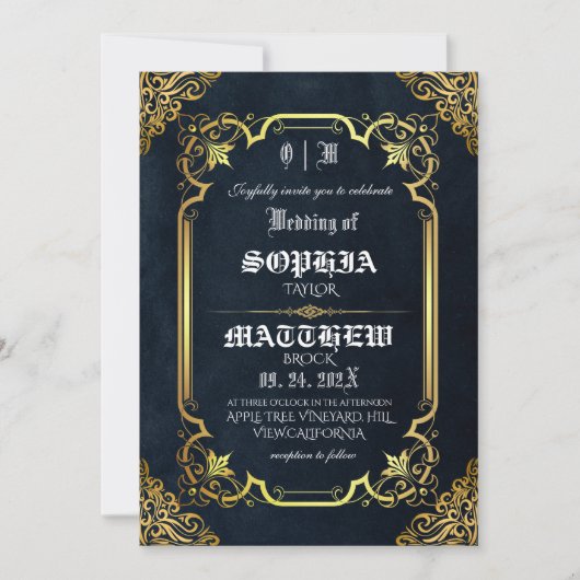 Black Royal Medieval Gold Wedding 招待状 (正面)