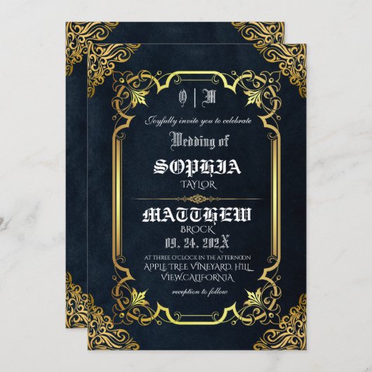 Black Royal Medieval Gold Wedding 招待状 (正面/裏面)