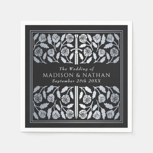 Black Royal Medieval Silver Sword Wedding スタンダードカクテルナプキン (正面)
