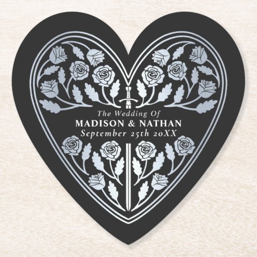 Black Royal Medieval Silver Sword Wedding ペーパーコースター (正面)