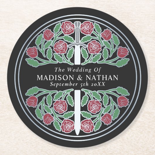 Black Royal Medieval Silver Sword Wedding ラウンドペーパーコースター (正面)