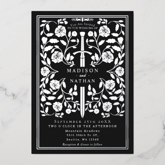 Black Royal Medieval Silver Sword Wedding 箔招待状 (正面)