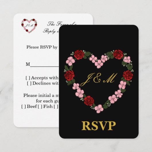 Black RSVP card with a pink and red heart (正面/裏面)