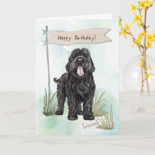 Black Russian Terrier Breed Under Birthday Sign カード (黄色い花)