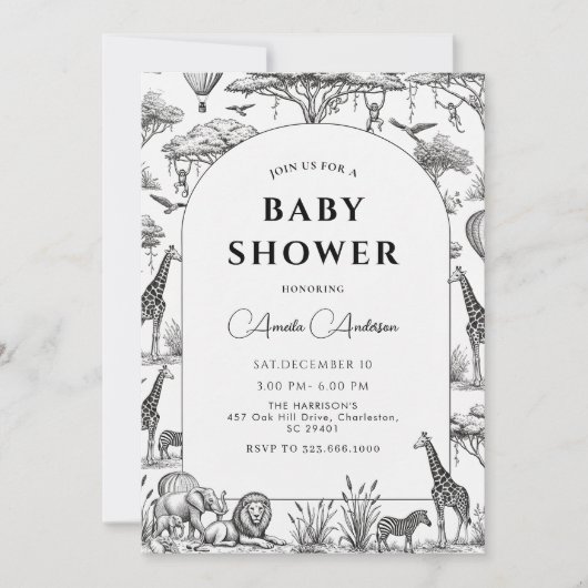 black  Safari Toile De Jouy Boy Baby Shower  招待状 (正面)