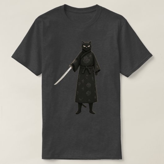 Black Samurai Cat Black Kimono Tシャツ (デザイン正面)