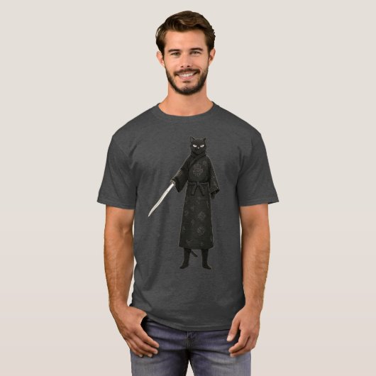 Black Samurai Cat Black Kimono Tシャツ (正面フル)
