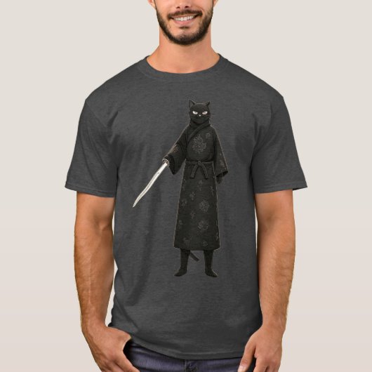 Black Samurai Cat Black Kimono Tシャツ (正面)