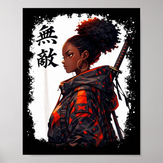 Black samurai girl anime warrior afro african ポスター (正面)