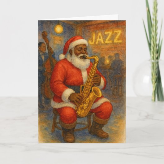 Black Santa Jazz Saxophone Christmas Card カード (正面)