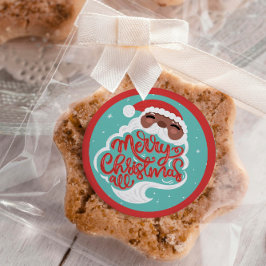 Black Santa | Merry Christmas All | Turquoise Blue ラウンドシール