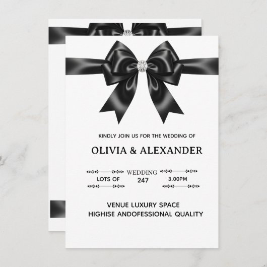 Black Satin Bow Wedding Invitation | Elegant Ribbo 招待状 (正面/裏面)
