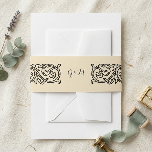 Black Scroll Monogrammed Elegant Invitation 招待状ベリーバンド