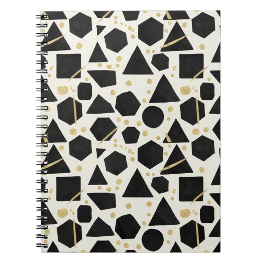 Black Shapes and Gold Confetti Pattern ノートブック (正面)