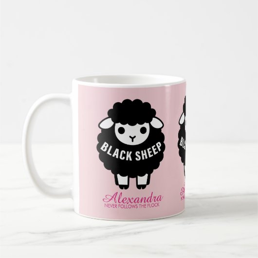 Black Sheep Pink Script Never Follows The Flock コーヒーマグカップ (左)