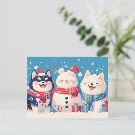 Black Shiba Inu and Samoyed dog with Snowman シーズンポストカード (スタンド正面)