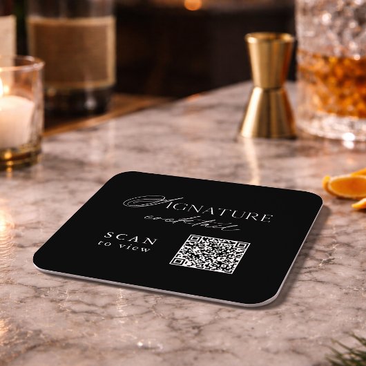 Black Signature Cocktail QR Code Wedding Coaster スクエアペーパーコースター