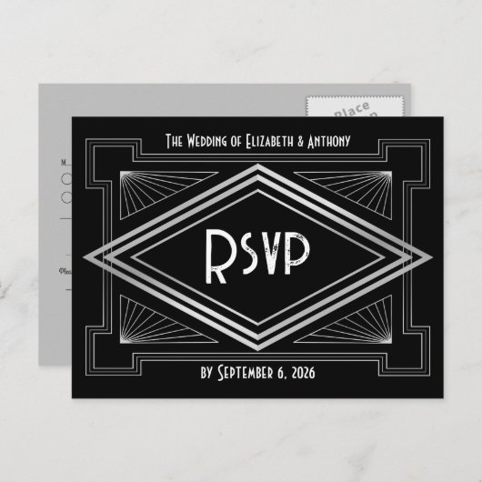 Black & Silver Art Deco Gatsby-Inspired Wedding ポストカード (正面/裏面)