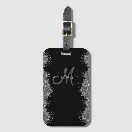 Black Silver Faux Glitter Grey Modern Monogram ラゲッジタグ (正面縦)