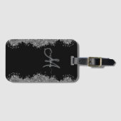 Black Silver Faux Glitter Grey Modern Monogram ラゲッジタグ (正面横)