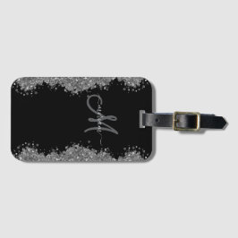Black Silver Faux Glitter Grey Modern Monogram ラゲッジタグ