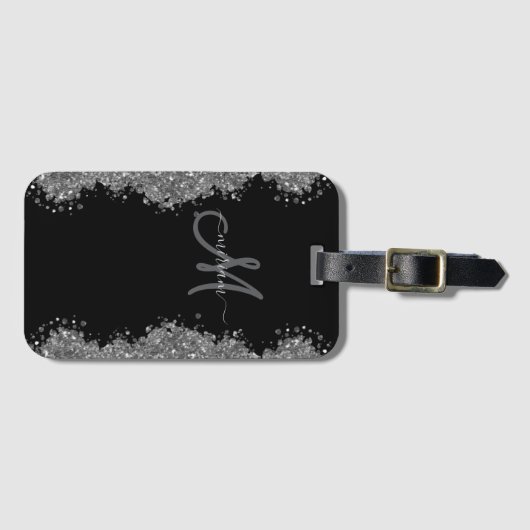 Black Silver Faux Glitter Grey Modern Monogram ラゲッジタグ (正面横)