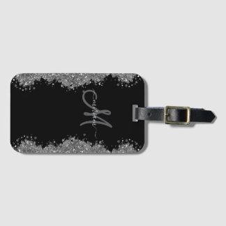 Black Silver Faux Glitter Grey Modern Monogram ラゲッジタグ