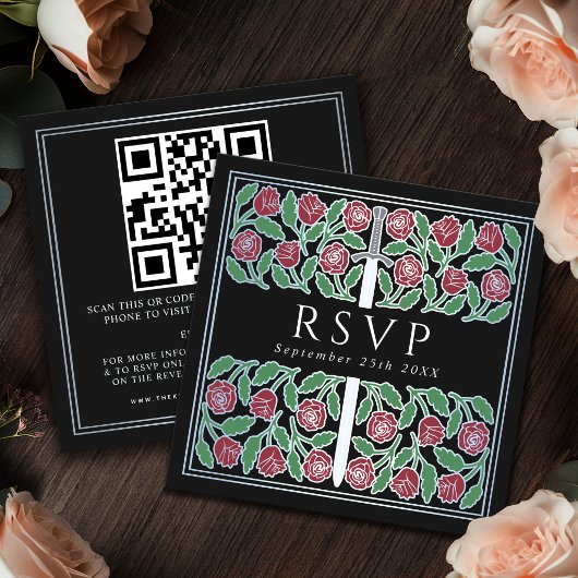 Black Silver Floral Royal Wedding RSVP QR Code  エンクロージャーカード