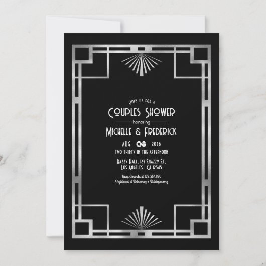 Black & Silver Gatsby Art Deco Couples Shower 招待状 (正面)