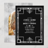 Black & Silver Gatsby Art Deco Couples Shower 招待状 (正面/裏面)
