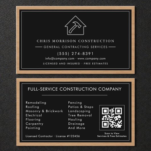 Black & Silver General Contractor QR Code Wood  名刺
