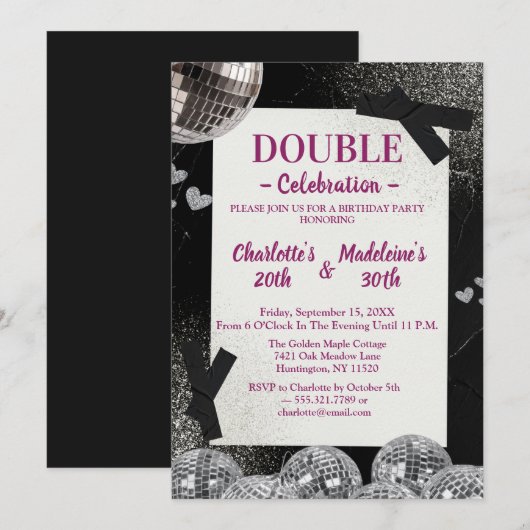 Black Silver Glamour Disco  Joint Birthday 招待状 (正面/裏面)