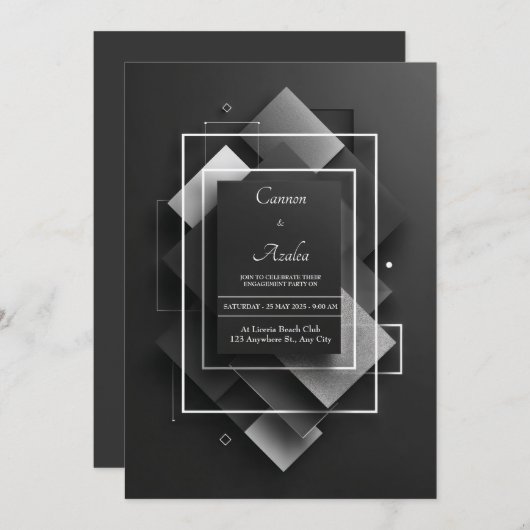 Black Silver Glitter Geometric Diamond Layered 招待状 (正面/裏面)