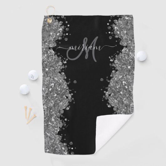 Black Silver Glitter Grey Modern Monogram ゴルフタオル (インサイチュ)
