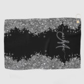 Black Silver Glitter Grey Modern Monogram ゴルフタオル (横)