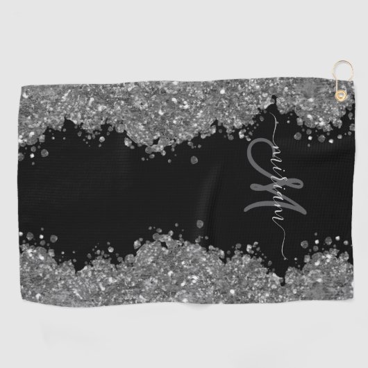 Black Silver Glitter Grey Modern Monogram ゴルフタオル (横)