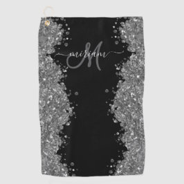 Black Silver Glitter Grey Modern Monogram ゴルフタオル