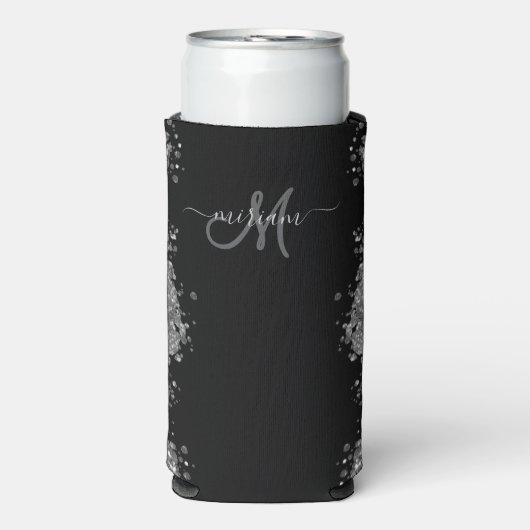 Black Silver Glitter Grey Modern Monogram スリム缶クーラー (Seltzer正面)