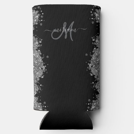 Black Silver Glitter Grey Modern Monogram スリム缶クーラー (裏面)