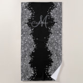 Black Silver Glitter Grey Modern Monogram ビーチタオル (正面)