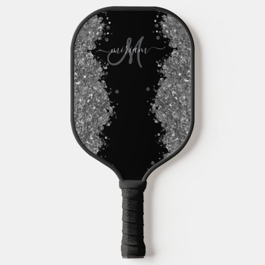 Black Silver Glitter Grey Modern Monogram ピックルボールラケット (正面)