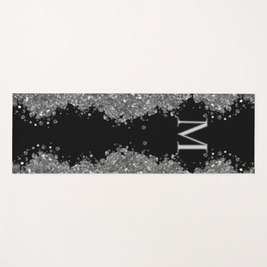 Black Silver Glitter Grey Modern Monogram ヨガマット (正面(横))