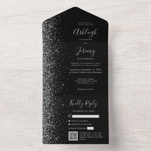 Black Silver Glitter QR Code Wedding オールインワン招待状 (内側)