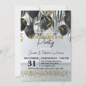 Black Silver Gold Confetti New Year's Eve Party 招待状 (正面)