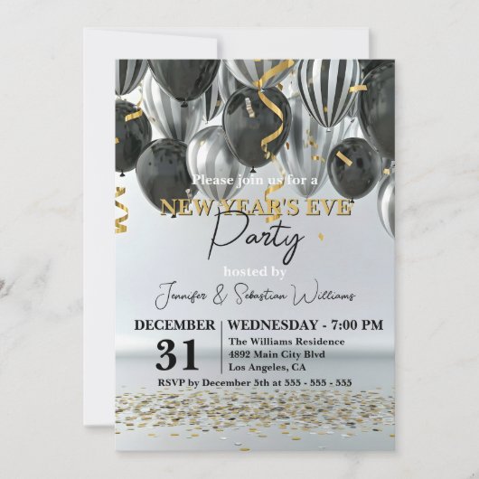 Black Silver Gold Confetti New Year's Eve Party 招待状 (正面)