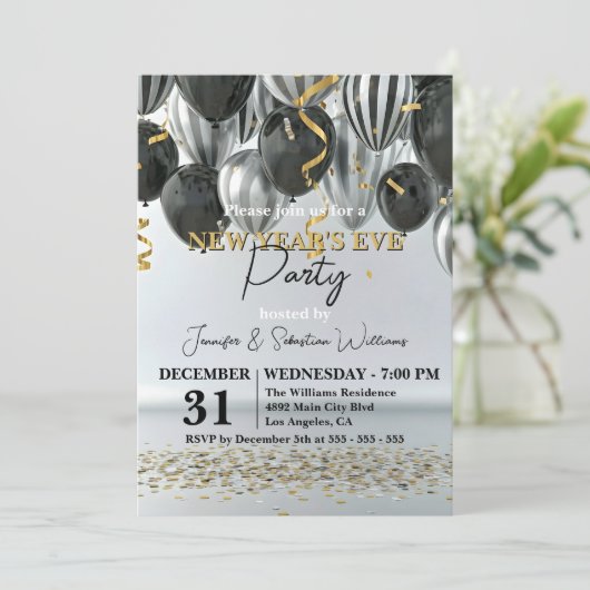 Black Silver Gold Confetti New Year's Eve Party 招待状 (スタンド正面)