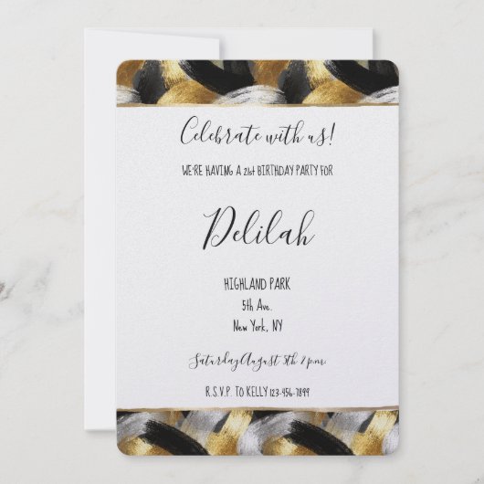 Black Silver Gold Glam Abstract Birthday 招待状 (正面)