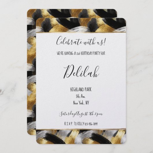 Black Silver Gold Glam Abstract Birthday 招待状 (正面/裏面)