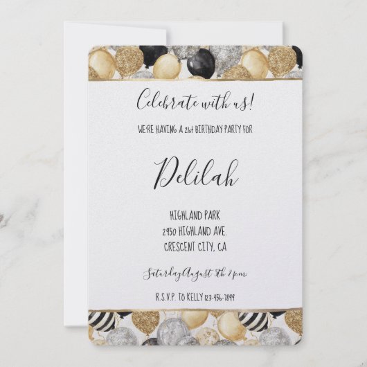 Black Silver Gold Glam Balloons Birthday 招待状 (正面)