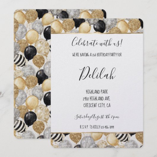 Black Silver Gold Glam Balloons Birthday 招待状 (正面/裏面)
